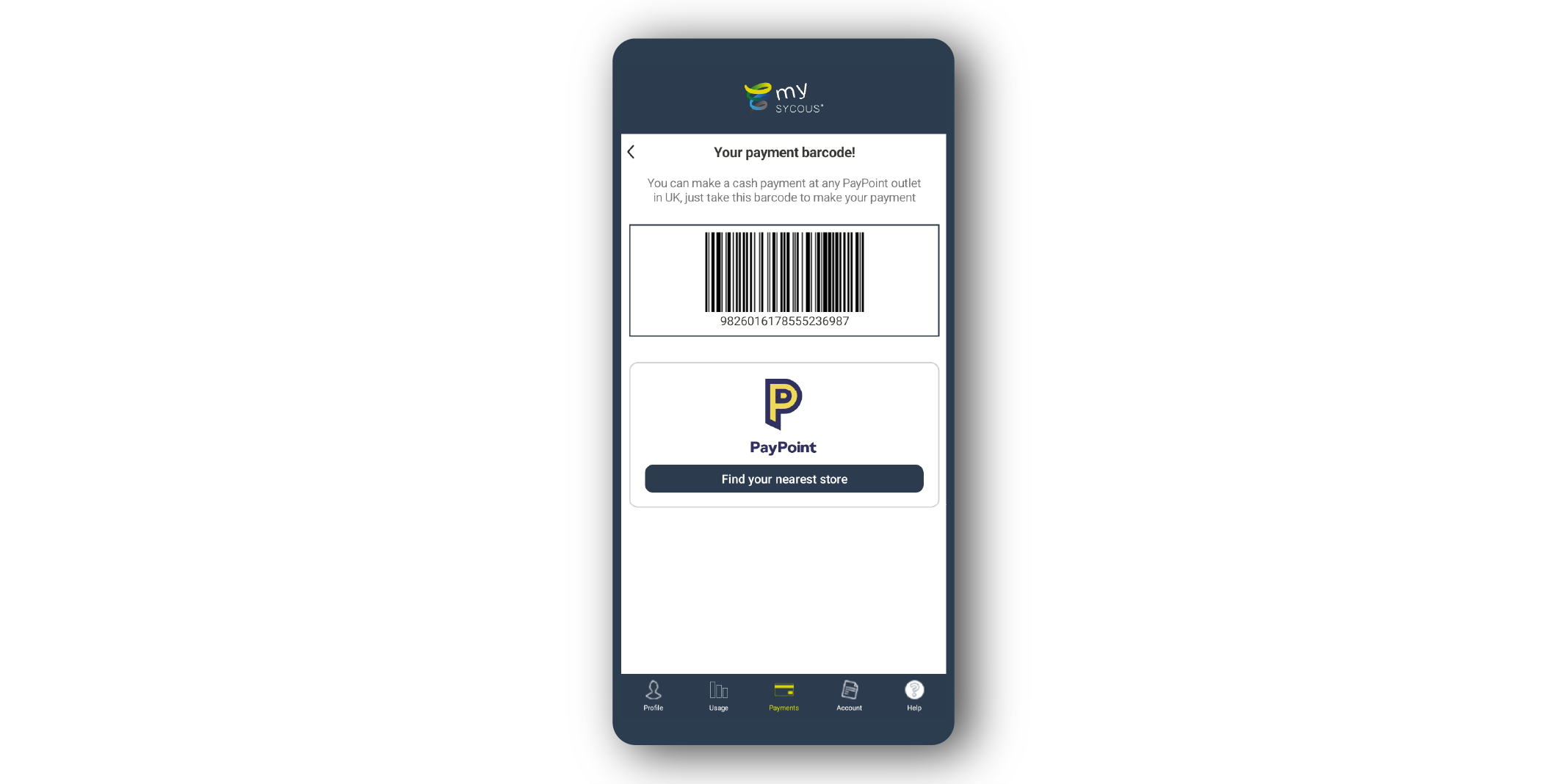 Mysycous app barcode screen